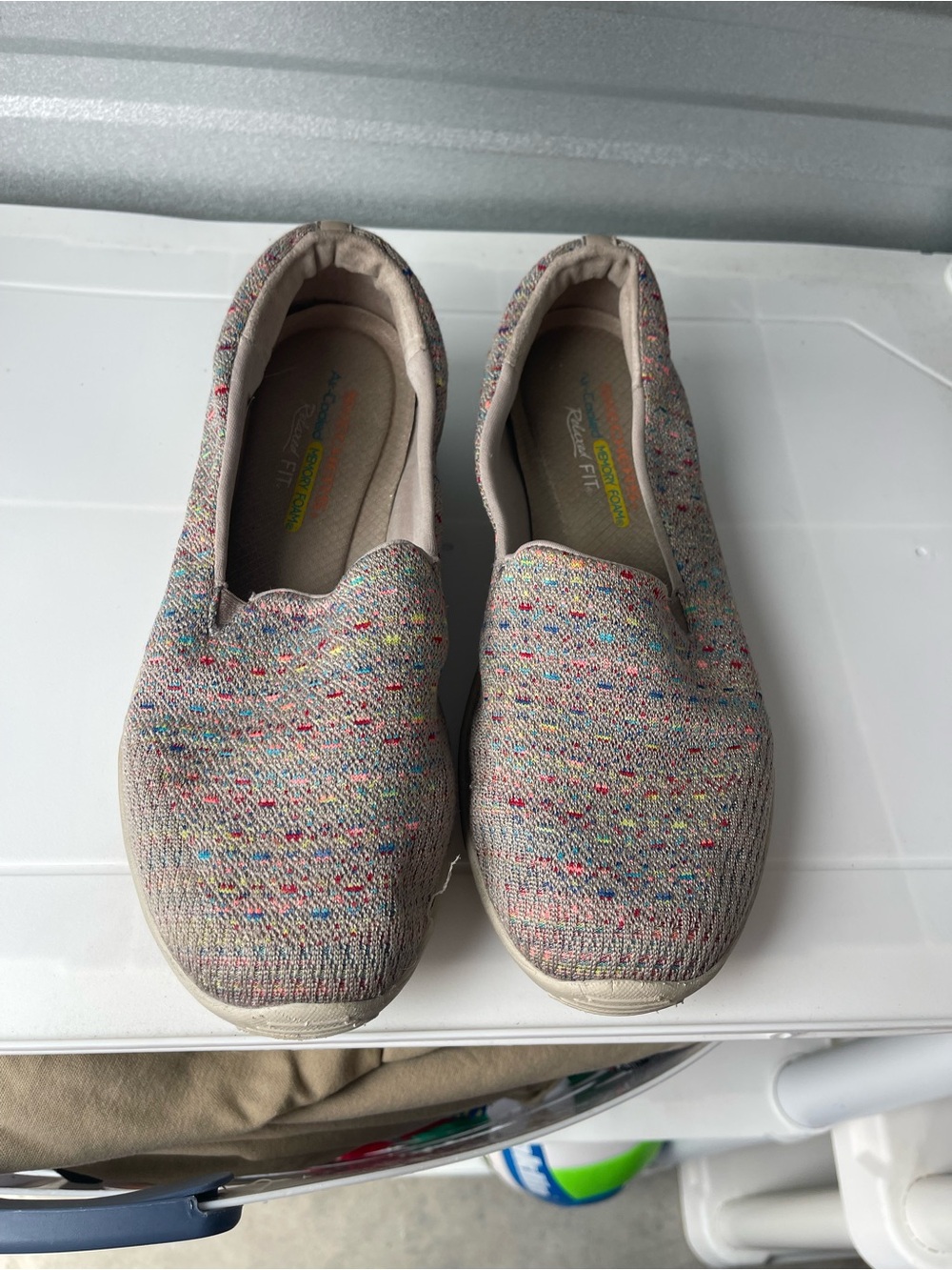 Skechers Slip-On Knit Mules in Beige with Multicolor Speckle